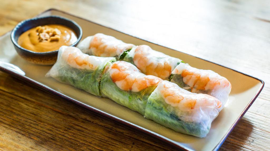Fresh Summer Rolls · Cucumber, vermicelli, bean sprouts, fresh herbs, served with peanut sauce and pineapple pear ginger sauce  (gluten free) Note: peanut sauce contains trace gluten