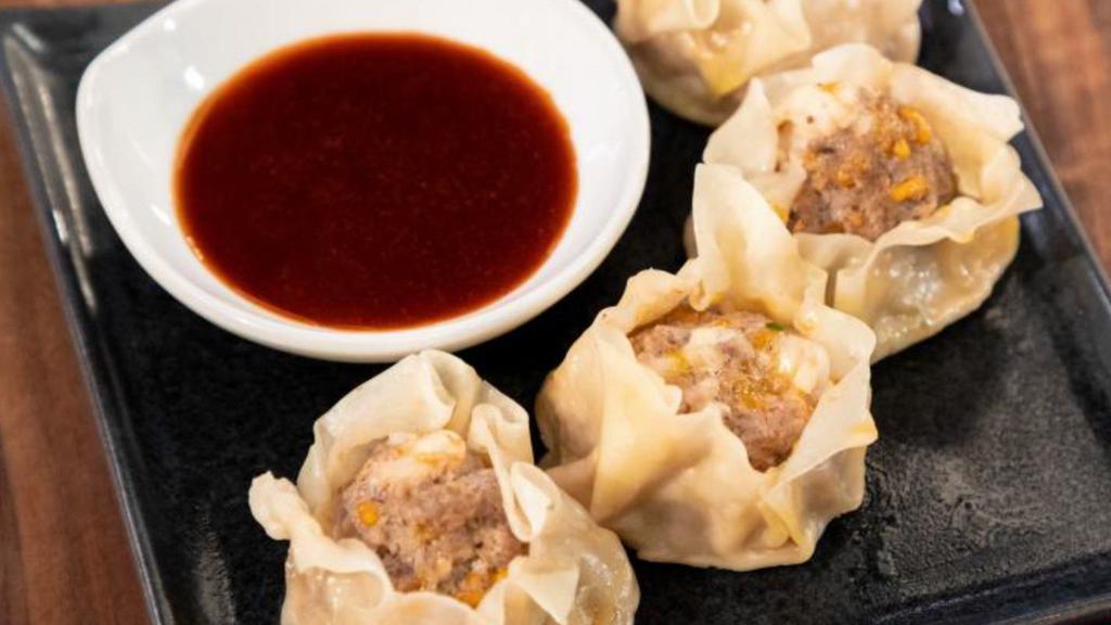Shumai · water layer covers shrimp, ground pork, mushroom, onion with chicken stock. unavailable after 4pm