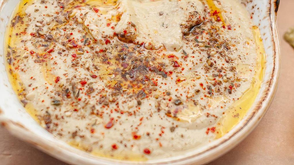 Chickpea Hummus · sugar snap peas, mint, za'atar, naan