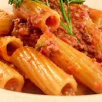 Rigatoni Alla Bolognese · An original Italian recipe made with ground beef, celery, carrots and onion.