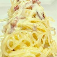Spaghetti Alla Carbonara · Spaghetti with pancetta, onion, egg and pecorino romano.