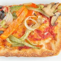 Vegan Square (Pie) · Roasted peppers, onions, mushrooms, extra virgin olive oil on a golden garlic crust.