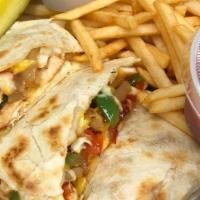 Chicken Quesadilla · Flour tortilla tortilla folded with chicken, onions peppers, cheddar and mozzarella cheese, ...
