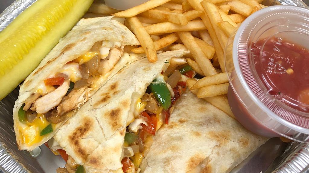 Chicken Quesadilla · Flour tortilla tortilla folded with chicken, onions peppers, cheddar and mozzarella cheese, served with french fries, sour cream and salsa.
