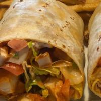 Buffalo Chicken Wrap · Breaded chicken cutlet tossed in a medium spicy buffalo wing sauce, rolled in a flour tortil...