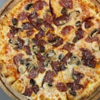 Signature Pizza - House Special · Smoked beef, smoked beef sausage, fresh mushrooms, olives.
