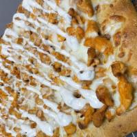 Buffalo Chicken Pizza · Spicy chicken, mozzarella, topped with ranch or blue cheese.