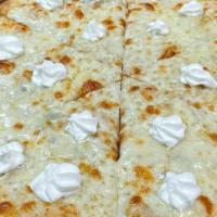 Four Cheese Pizza  · Mozzarella, pecorino Romano, ricotta, garlic, black pepper, gorgonzola, extra virgin olive o...