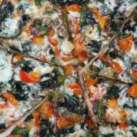 Veggie Pizza  · Roasted vegetables (peppers, onions, mushrooms, baby spinach, garlic), extra virgin olive oi...