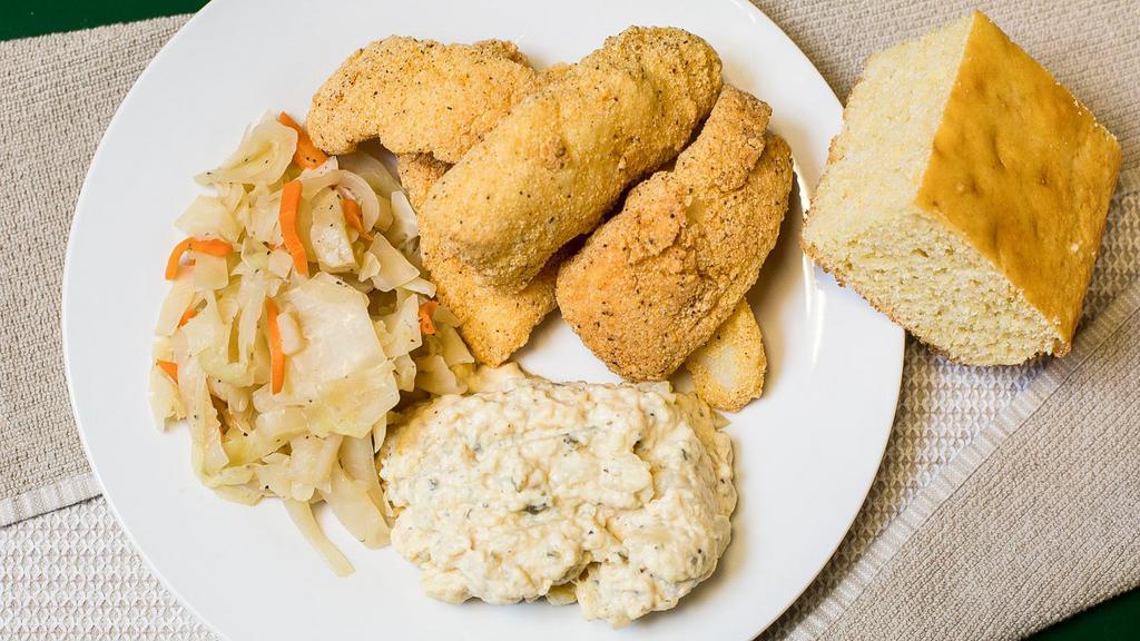 Fried Fish Dinner (Large) · (5) Pieces)Served with choice of two side orders  and our delicious corn bread.