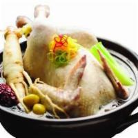 Samgyetang Hanmari Soup · Chef''s choice. Whole young chicken and ginseng soup with dates, chestnuts, garlic, and swee...