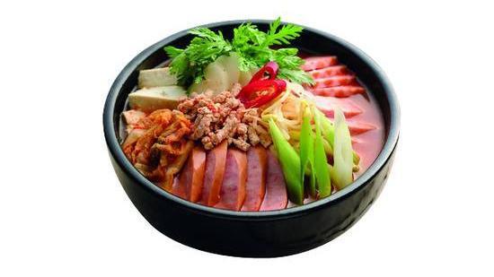 Budae Jjigae Soup · Army stew soup with kimchi, sausage, ham, Berkshire pork belly, tofu, rice cake, and ramen.