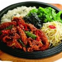 Dol Pan Ojing-Eo Dup Bap · Chef''s choice. Spicy octopus over rice on a sizzling stone pan.
