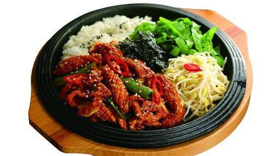 Dol Pan Ojing-Eo Dup Bap · Chef''s choice. Spicy octopus over rice on a sizzling stone pan.