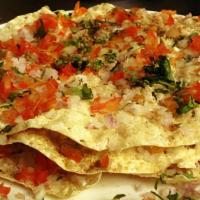 Masala Papad · Crispy Papad topped with a spicy and tangy mixture of onions, tomatoes, green chillies, cori...
