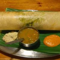 Spinach Masala Dosa · Plain dosa with seasoned spinach & potatoes filling served with sambar and coconut chutney.