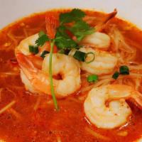 Tom Yum Noodle Soup · Spicy. Rice noodles, tom yum stock, bean sprouts, green onion, and cilantro.