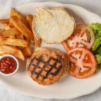 Salmon Burger · Wasabi mayo and old bay fries.