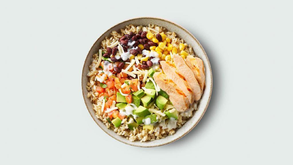 Tex Mex Bowl · Brown rice, avocado, aged cheddar, black beans, corn, salsa fresca, Greek yogurt ranch. 640 cal.