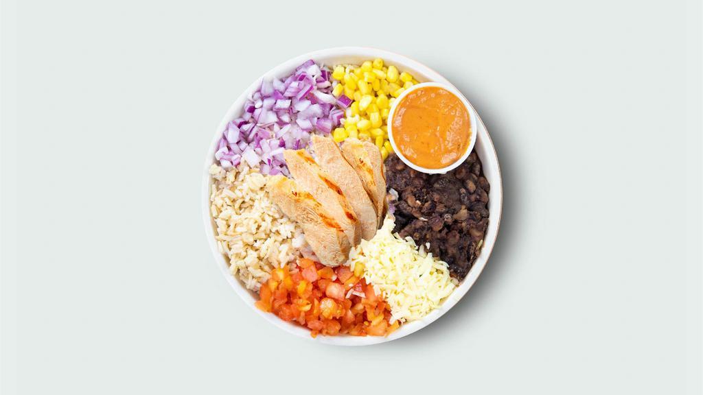 Smokehouse Bowl · Brown rice, aged cheddar, black beans, red onions, tomatoes, corn, spicy yogurt sauce. 480 cal.