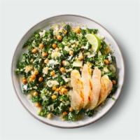 Kale Caesar Salad · Kale, quinoa, crispy chickpeas, parmesan cheese, hemp seeds, greek yogurt caesar dressing.