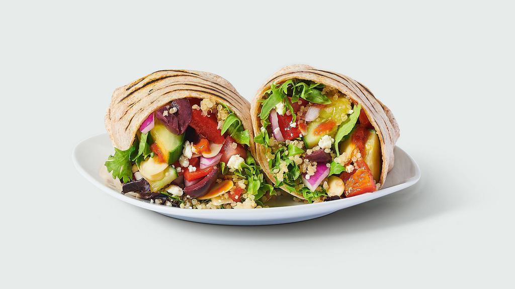 Mediterranean Burrito · Quinoa & field greens, feta cheese, kalamata olives, almonds, red onions, cucumber, roasted red peppers, tomatoes, cilantro, red pepper sauce. 620 cal.