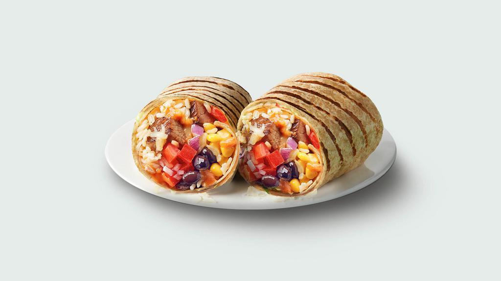 Smokehouse Burrito · Brown rice, aged cheddar, black beans, red onions, tomatoes, corn, spicy yogurt sauce. 650 cal.