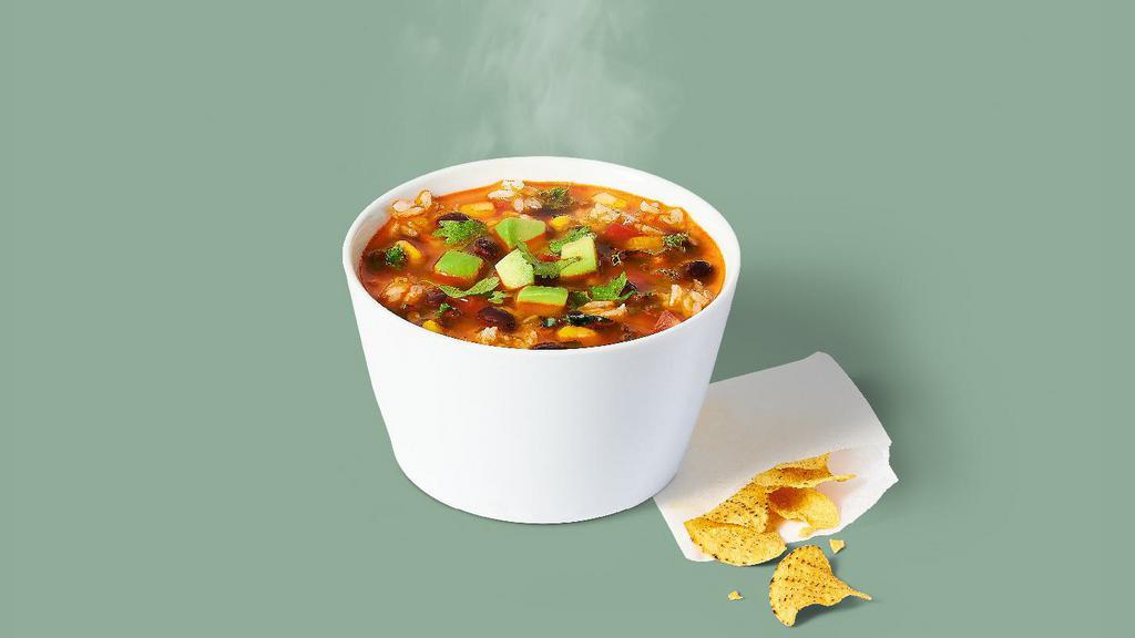 Tortilla Soup · New 16oz size, same great taste. Tortilla chicken broth, brown rice, kale, avocado, black beans, corn, tomatoes, cilantro, tortilla chips. 350 cal.