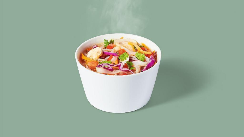 Spicy Lemongrass Soup · New 16oz size, same great taste. Spicy lemongrass vegetable broth, rice noodles, cabbage, carrots, tomatoes, mushrooms, cilantro. 240 cal.