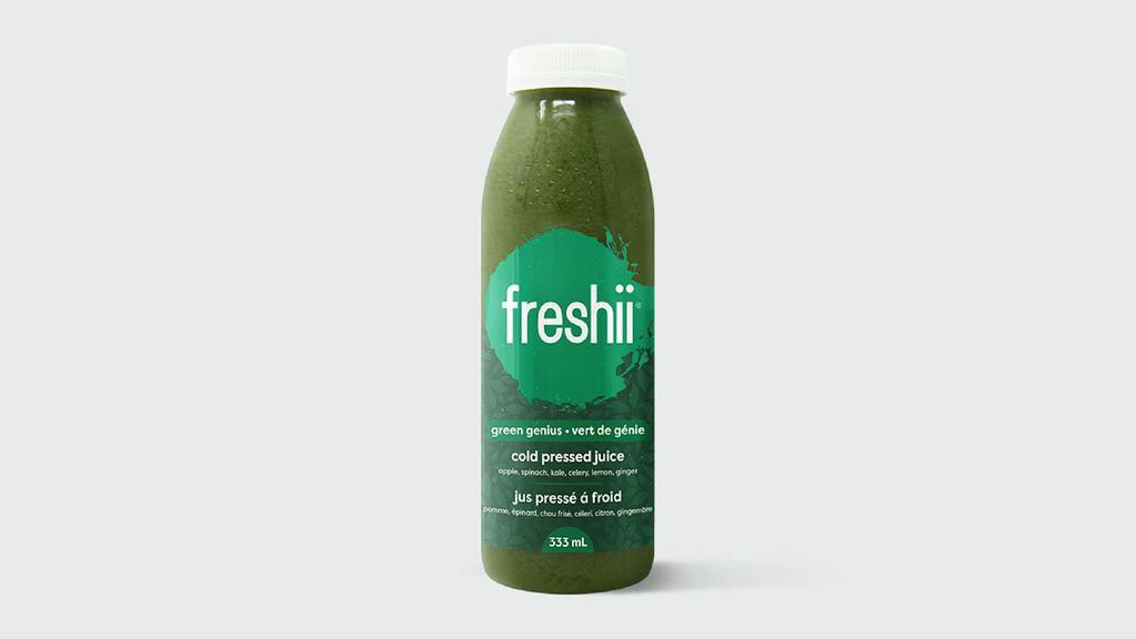 Green Genius Juice (333 Ml) · All the goodness of a fresh crisp salad. Apple juice, Spinach Juice, Kale juice, Celery juice, Lemon juice, Ginger juice. 120 cal.