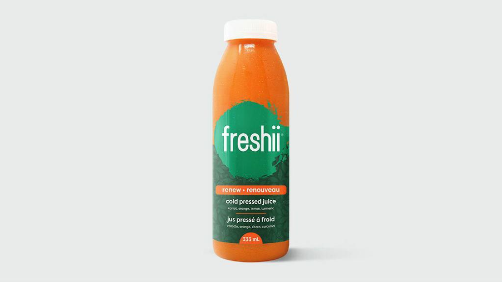 Renew Juice (333 Ml) · An energizing twist on your morning OJ. Carrot juice, Orange juice, Lemon juice, Turmeric juice. 100 cal.