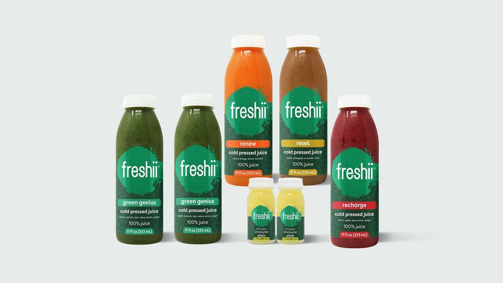 5-Day Juice Cleanse · Green Genius Juice (10), Immune Elixir (10), Renew Juice (5), Reset Juice (5), Recharge Juice (5).