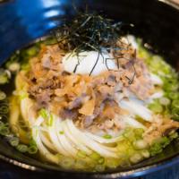 Niku Udon · Meat simmered with sweet soy sauce.