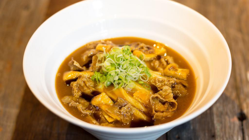Curry Udon (Beef) · Meat, scallion, bean curd, and garlic oil.