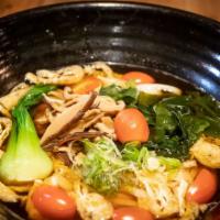 Vegetarian Udon · Scallion, wakame, shiitake mushroom, cherry tomatoes, and mushroom broth.
