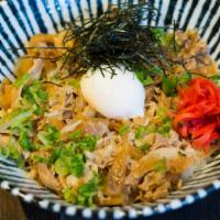 Gyu Don · Simmered beef, onion, scallion, nori, ginger, and poached egg.