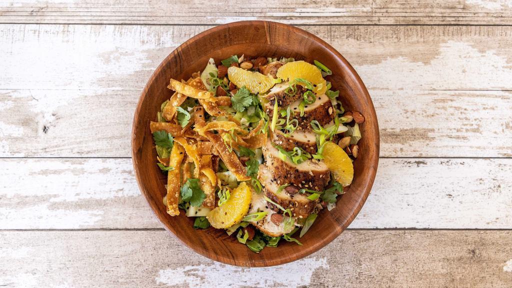 Asian Chicken Salad · Sesame chili marinated chicken, a mix of baby arugula, cabbage and romaine with crispy wontons, toasted almonds, mandarin orange and ginger ponzu dressing.