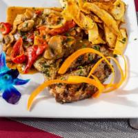 Steak Giambotta · Ribeye steak sauce with mushrooms, peppers and onions and topped with homemade garlic-season...