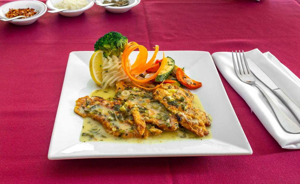 Chicken Francese · Chicken breast dipped in batter and sautéed in a lemon and white wine sauce.