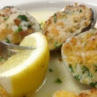 Clams Oreganata · (6) Baked clams topped with bread crumbs, parsley, oregano served with white wine – lemon sa...