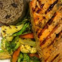 Herb Grilled Salmon · Comes with mango salsa. Served with choice of 2 sides.