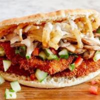 Chicken Schnitzel Sandwich · Hummus, Tahini, Israeli Salad and Pickles or Tahini, Sauteed Mushrooms, Fried Onions and Isr...