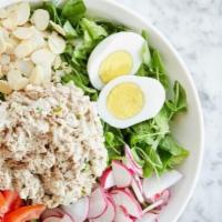 Tuna Salad · Mix Lettuce and Arugula, Radish, Tomato, Sliced Almonds, Hard-Boiled Egg, Basil Dressing.