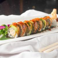 Super Dragon Roll · Shrimp tempura and cucumber roll topped w. eel, avocado, masago and eel sauce.