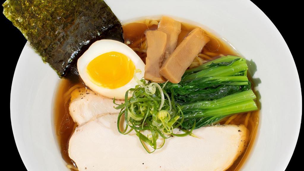 Shoyu Ramen · Authentic light chicken broth flavored with our house-made soy sauce (shoyu).. Yellow thin noodles topped with Onoya egg, chicken charsiu, menma, choysum, and green onion.