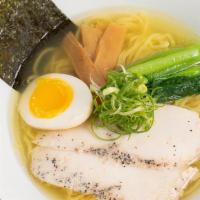 Shio Ramen · Authentic light chicken broth flavored with our house-made salt base (shio).. Yellow thin no...
