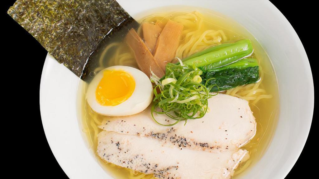 Shio Ramen · Authentic light chicken broth flavored with our house-made salt base (shio).. Yellow thin noodles topped with Onoya egg, chicken charsiu, menma, choysum, nori, and green onion.