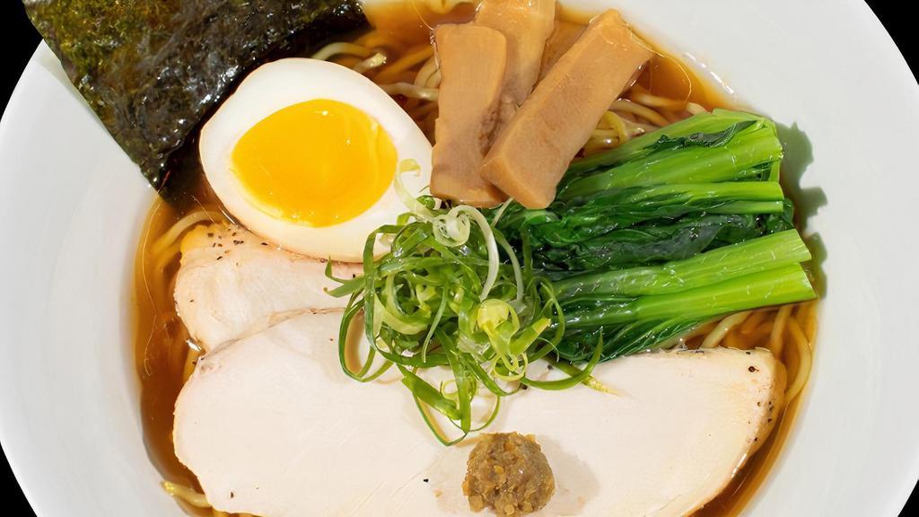 Yuzu Ramen · Authentic light chicken broth flavored with with the choice of our house-made soy sauce or salt base.. Yellow thin noodles topped with Onoya egg, yuzu chicken charsiu, menma, choysum, nori, and green onion.