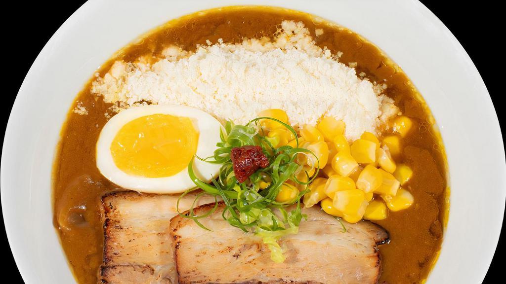 Cheese Curry Ramen · Authentic light chicken broth flavored with our house-made Japanese curry.. Thin noodles topped with Onoya egg, seared pork belly charsiu, parmesan cheese, corn, and green onion.