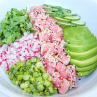 Tuna Avocado A La Plancha · Fresh Ahi tuna with white rice, english cucumber, radishes, baby arugula, fresh avocado and ...